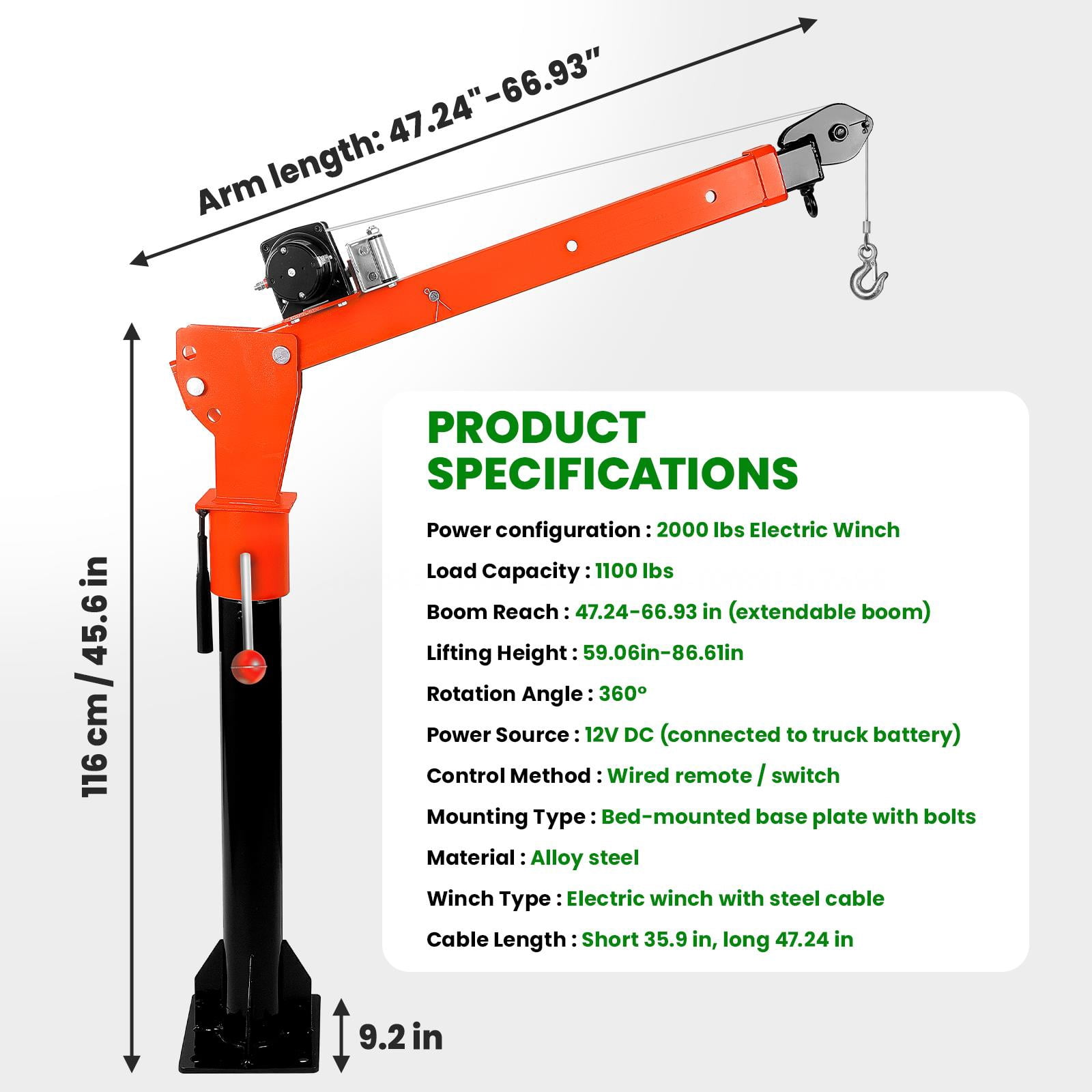 12V 2000LBS Electric Pickup Truck Crane Hoist, 360° Swivel Extendable Arm Heavy Duty Lifting Crane with 1100LBS Load Capacity for Engine, ATV, Boat and Cargo Lifting