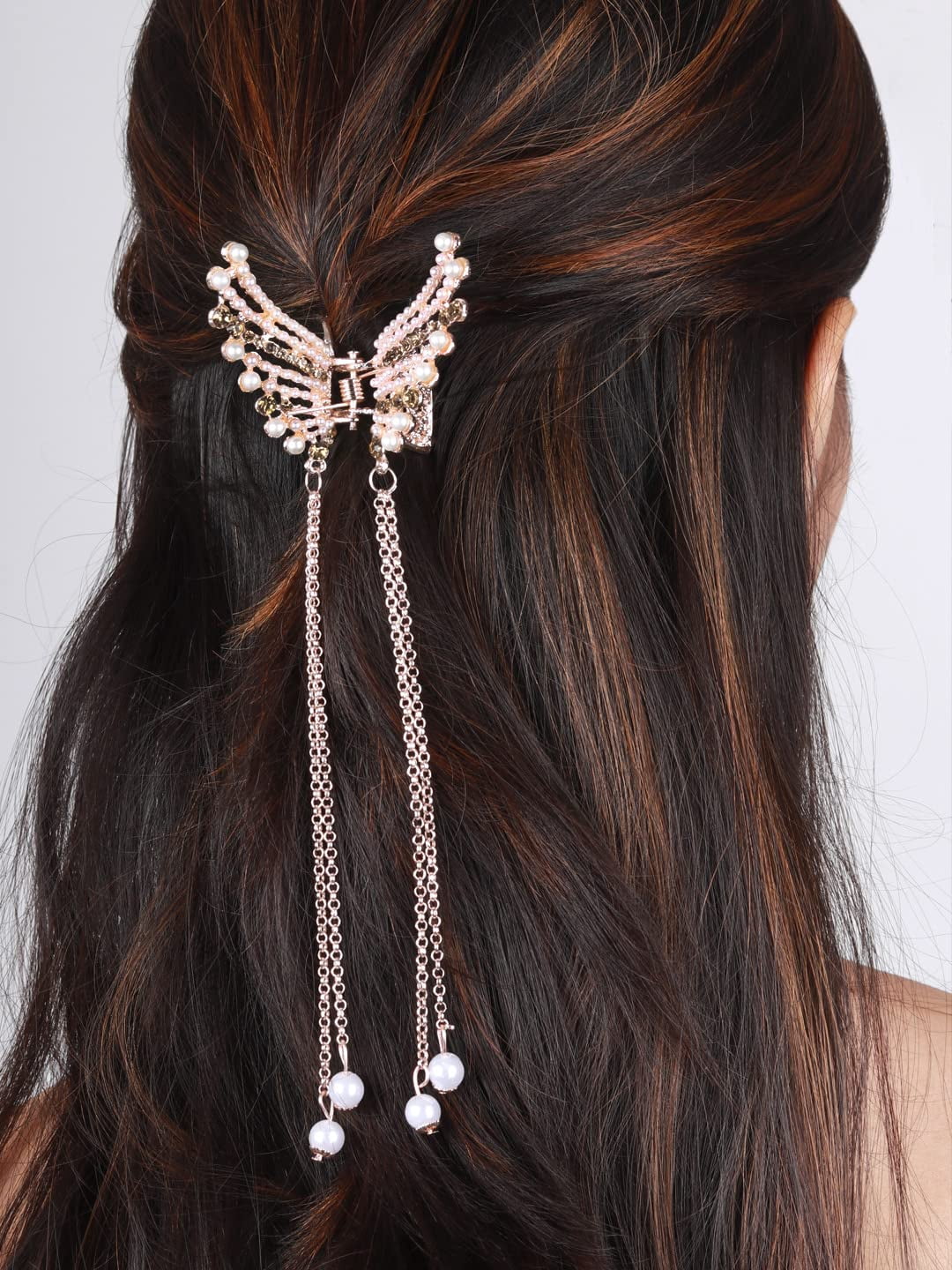Radhna Elegant Tassel Butterfly Pearl Hair Clip Rose Gold Plated Flying Metal Hair Claw Clip Clamps Hair Styling Hair Clips For Women & Girls