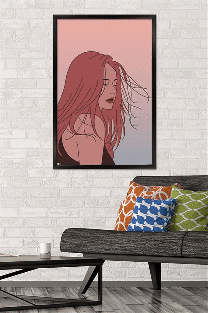 Hand Drawn Woman With Blowing Hair Wall Poster, 22.375" x 34" Framed