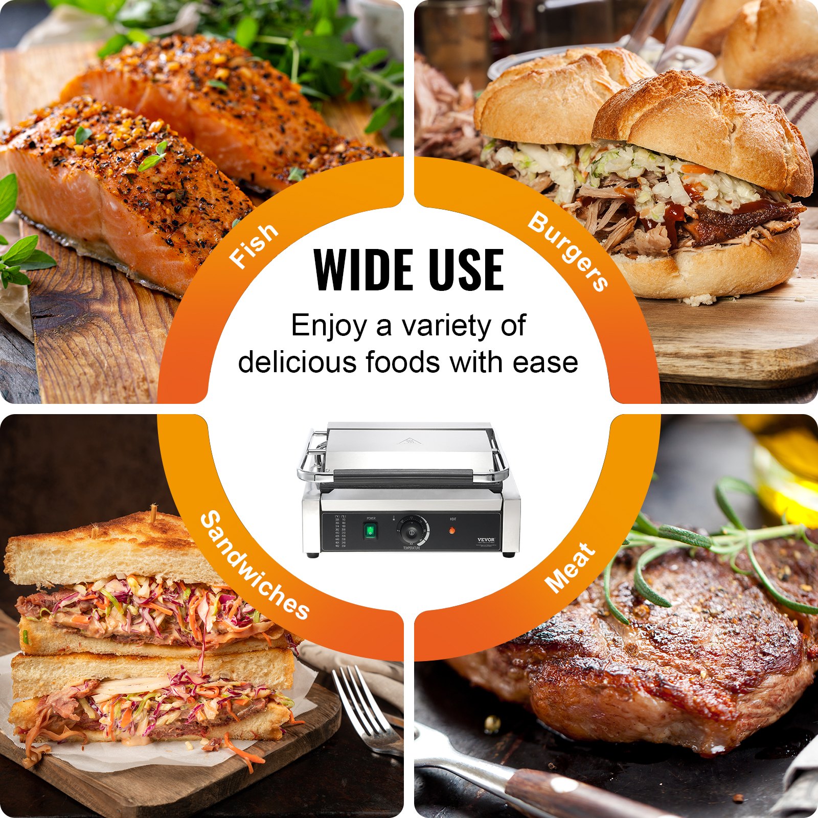 VEVOR Commercial Panini Press Grill, 14"x9" Electric Sandwich Maker Griddle Plate
