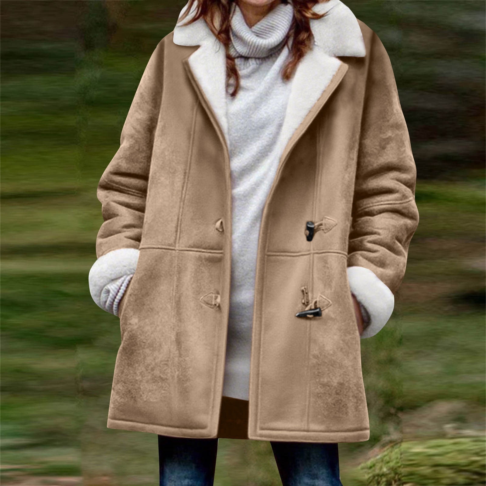 Womens Fleece Lined Jackets No Hood, Notched Collar Long Sleeve Winter Warm Pea Coats with Pockets Toggle Closure