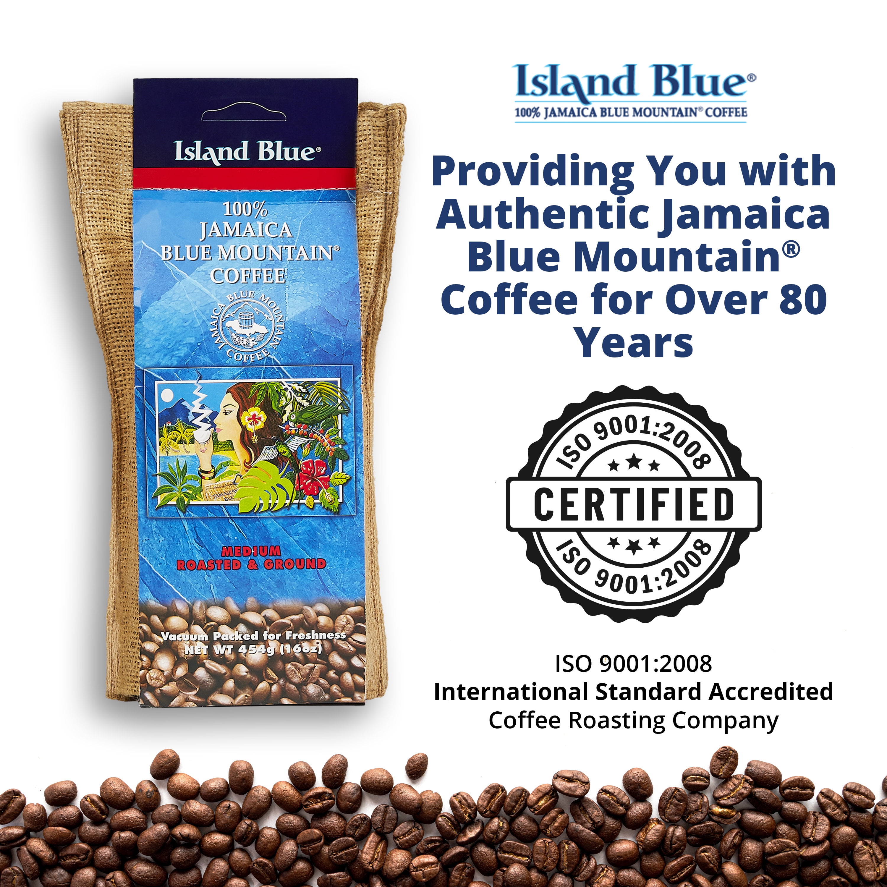 Island Blue 100 Jamaica Blue Mountain Ground Coffee 16oz