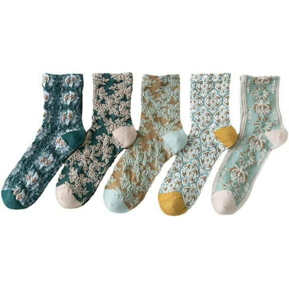 CoCozhu 5 Pairs Women's Warm Socks Kawaii Floral Socks Cutecore Cotton Socks Y2K Pretty Vintage Embroidered Socks