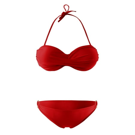 JIANJIA Swim Suits for Women Summer Solid Color Detachable Lace Up Halter Brassiere With Thongs Two Piece Brazilian Bikinis Swimwears Holiday Wear Red S