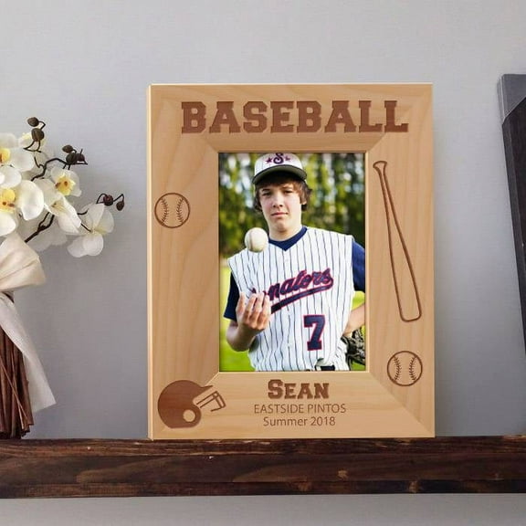 Baseball Personalized Wooden Picture Frame 3 1/2" x 5" Brown (Vertical)