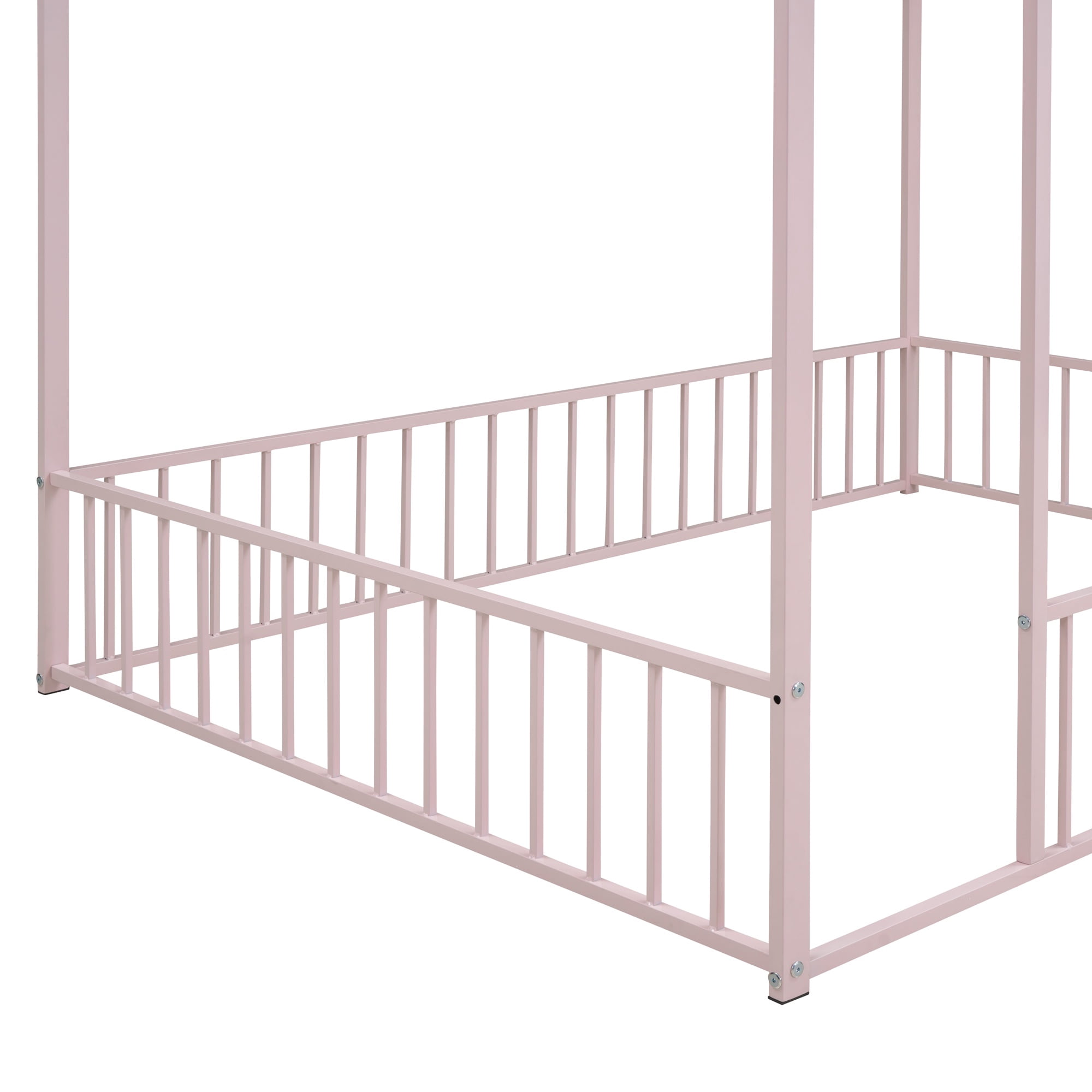 Gewnee Full Size Metal House Bed with Fence,Montessori Floor Bed for Toddler and Kids,Pink