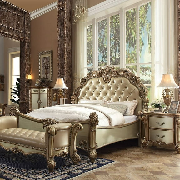 Acme Vendome Queen Bed Brass Synthetic Leather & Gold Patina