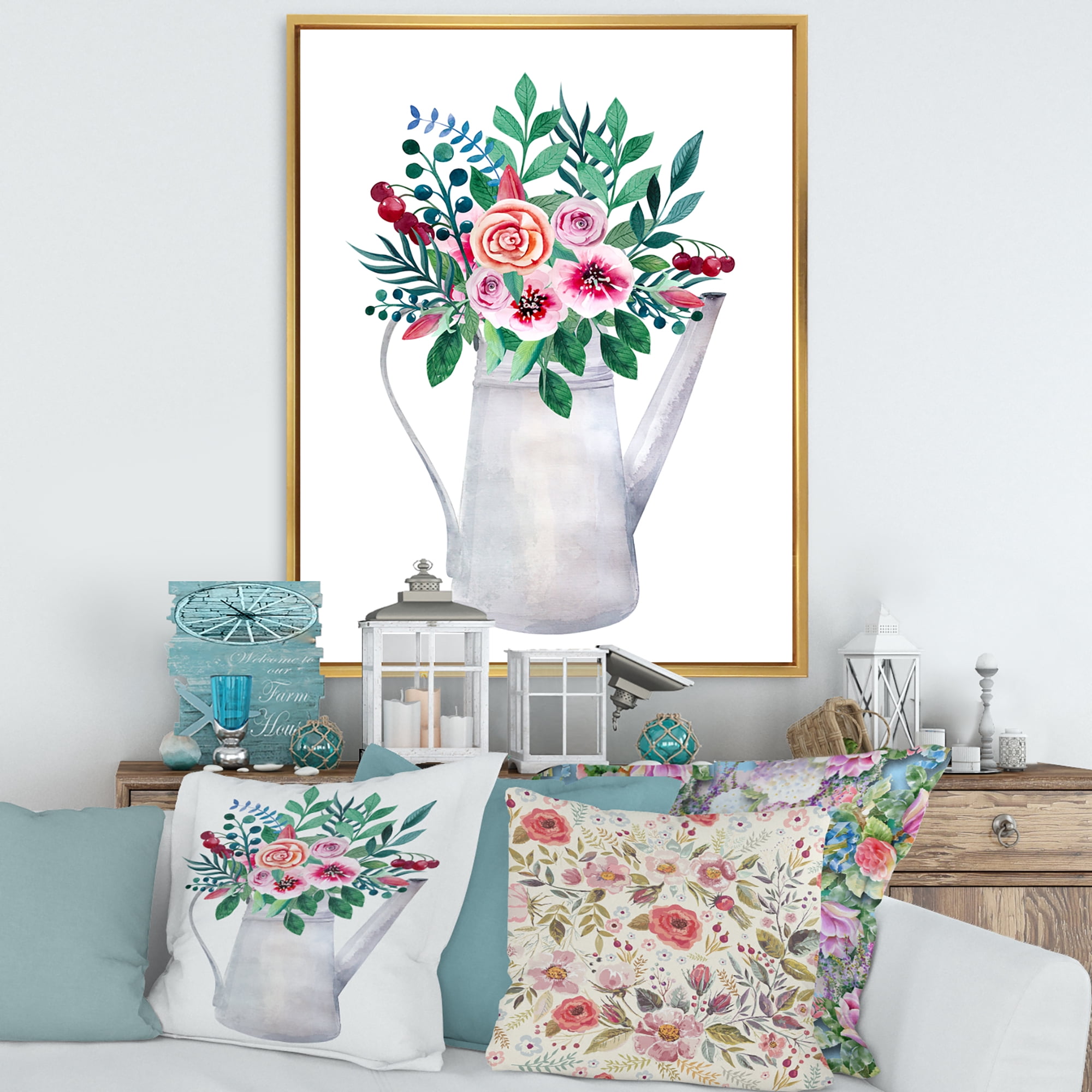 Designart 'Bouquets of Flowers In Rustic Flowering Pot With Berries' Traditional Framed Canvas Wall Art Print