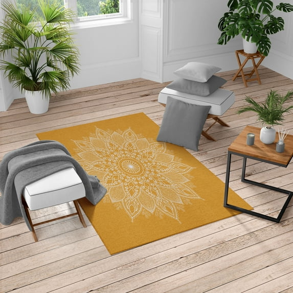 Mandala Turkish Area Rug, Lotus Inspired Flower Lace Circle Ornate Retro Pattern Eastern Universe Theme, Carpet for Living Room Decor with Distressed Look, 5.2' X 7.6', Apricot White, by Ambesonne