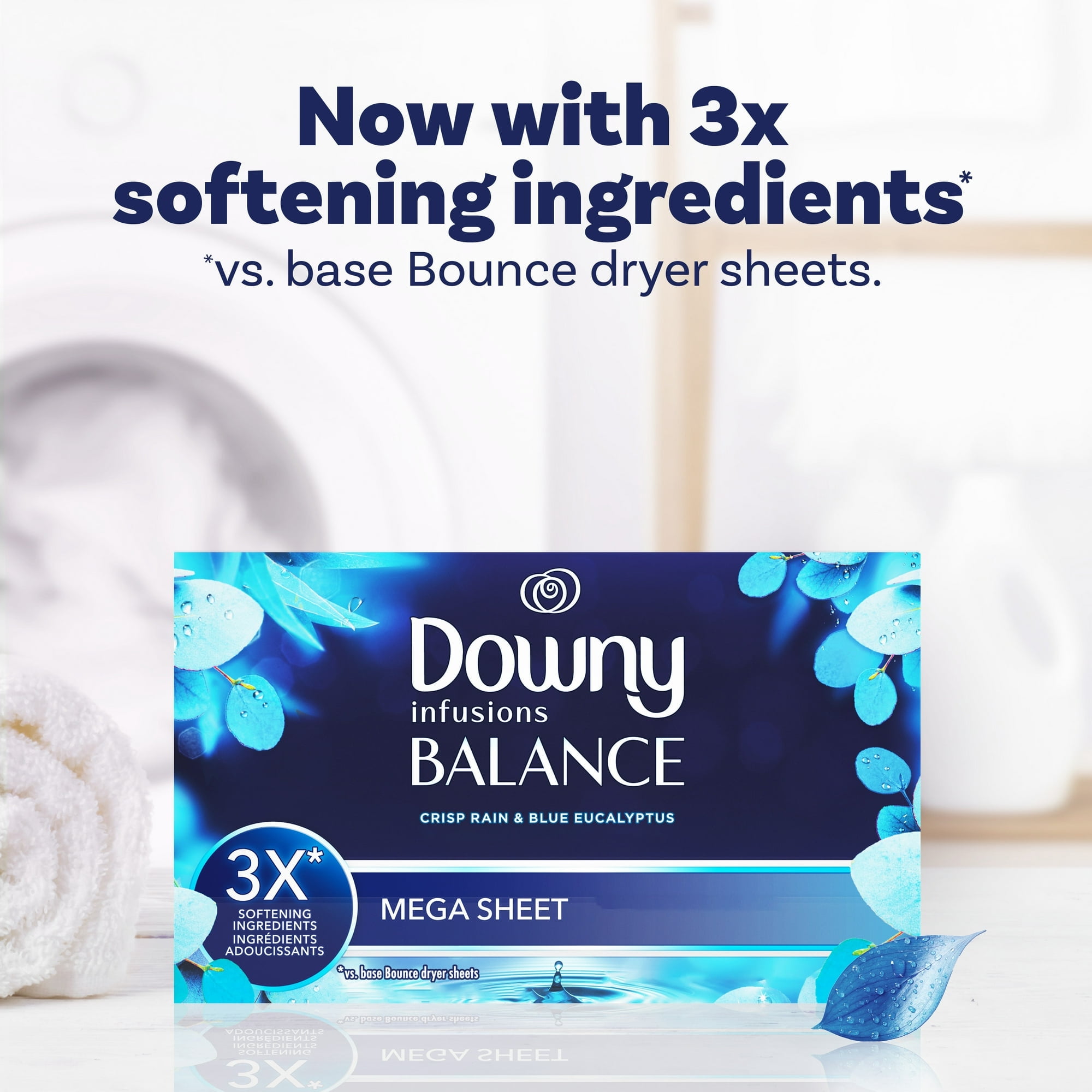 Downy Infusions BALANCE Mega Fabric Softener Dryer Sheets, Crisp Rain & Blue Eucalyptus, 80 Count with Microfiber Solid Color Towel by BundleEase