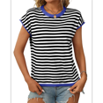 thumbnail image 1 of Camisetas de Mujer Elegantes, Informales, de Corta, con Bloques de Color, A Rayas y Cuello Redondo, Color Azul, Talla M, 1 of 8
