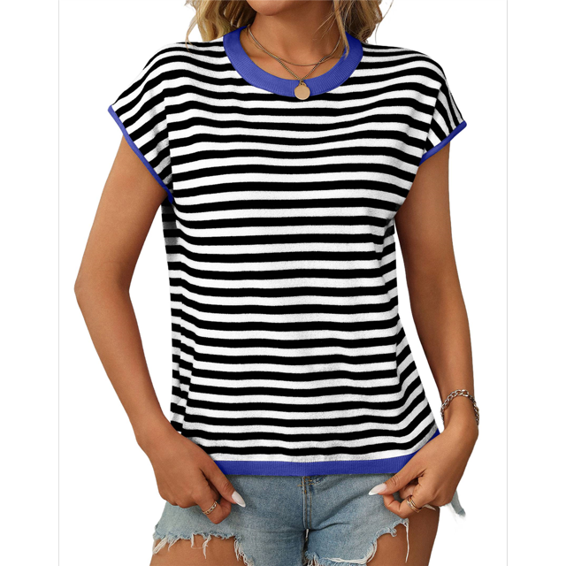 Camisetas de Mujer Elegantes, Informales, de Corta, con Bloques de Color, A Rayas y Cuello Redondo, Color Azul, Talla M