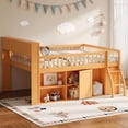 thumbnail image 4 of Euroco Wood Queen Size Loft Bed with Storage Shelves and LED Light, Natural, 4 of 9