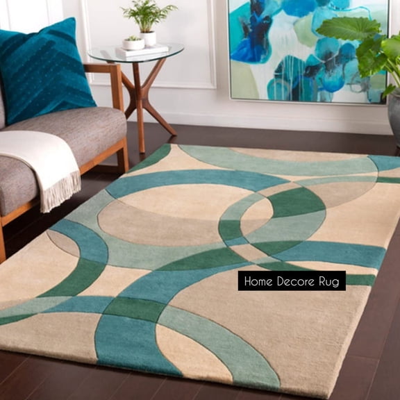 Beige & Green Hand-Tufted Abstract Area Rug – Soft, Durable Modern Design
