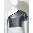 thumbnail image 2 of Kaerm Kids Girls Dance T-Shirts Short Sleeves Shiny Metallic One Shoulder Crop Tops for Modern Jazz Black 170, 2 of 5