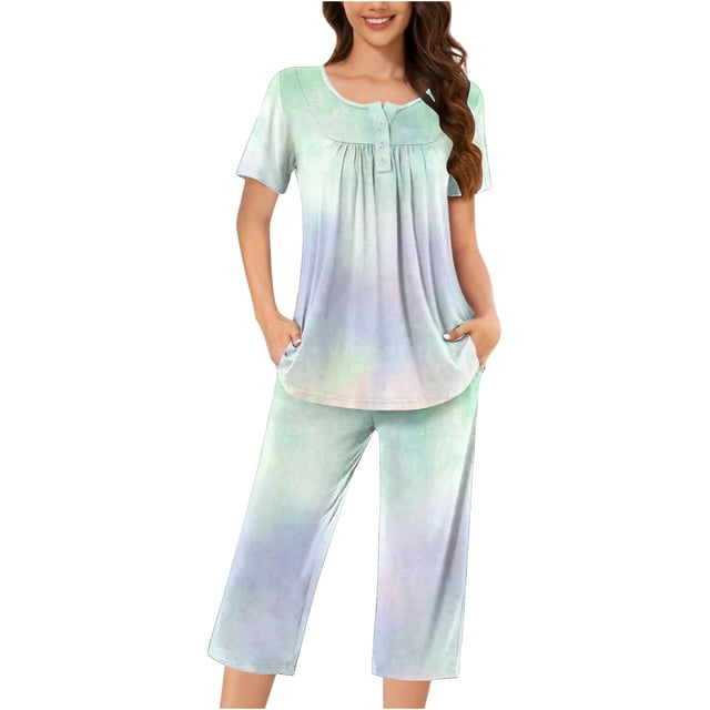 Rbaofujie Pyjama de Noël pour Femmes Femmes Décontracté Col Rond Manches Courtes Blouse Pantalon Mode Ensemble de Pyjama Vintage Nuisette