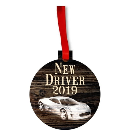 New Driver 2019 License Gift Round Shaped Flat Hardboard Christmas Ornament Tree Decoration - Unique Modern Novelty Tree Décor