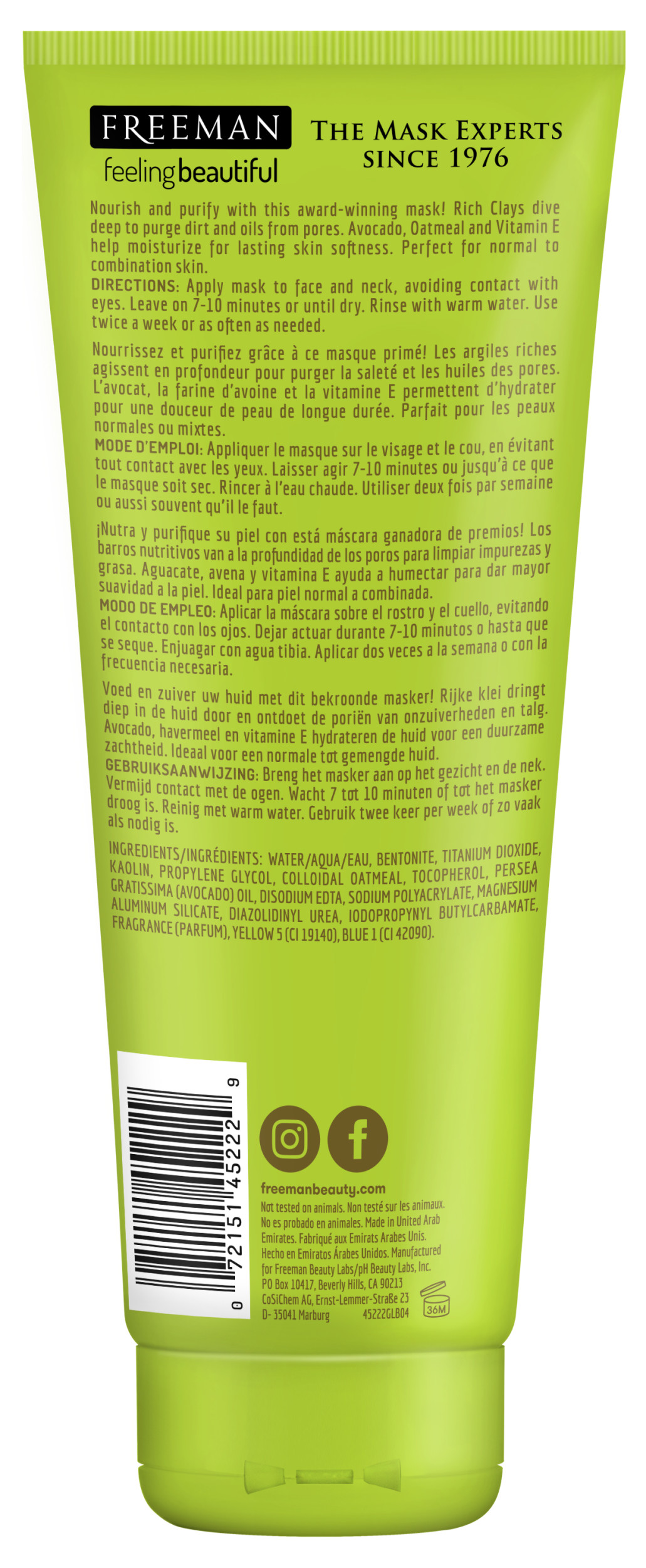 Freeman Purifying Avocado & Oatmeal Clay Facial Mask, Face Mask Instantly Deep Cleans, Creates Fresh Skin With Vitamin E, Perfect For Normal To Combination Skin, 6 fl.oz./175 mL Tube - image 2 of 5