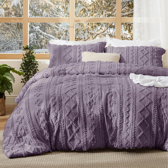 Grayish Purple Boho Bed Set,  3 Pieces Farmhouse Shabby Chic Embroidery Bedding, Gifts for Woman, Jacquard Queen Comforter for All Seasons