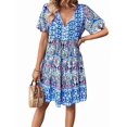 thumbnail image 2 of Women'S V Neck Patchwork Dress Bohemian Print Mini Skirt Summer Casual Beach Chic Blue L, 2 of 8