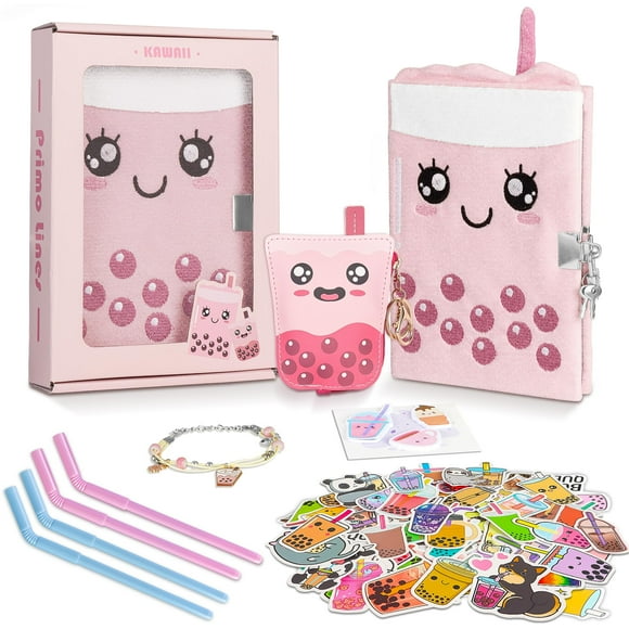 Gift Kit for Girls,Personalized Journal with Lock and Key,Boba Tea Plush Diary for Teen Girls,fuzzy diary Kawaii Birthday Gift Set for Toddler with Purse,Bracelet,4 Straws Pens,Post-it Note,Sticker