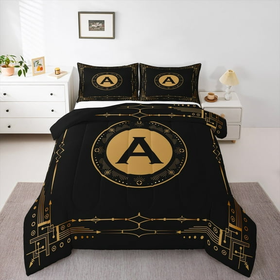 Manfei Letter A Monogrammed Bedding Comforter Set,Retro Boho Geometric Twin Comforter Sets,Gold Black Bedding Set For Child,Microfiber Room Decorative Reversible,2-Piece