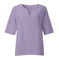 thumbnail image 4 of Moxiu Linen Shirts for Women 3/4 Sleeve V Neck Casual Blouse 2025 Oversized Loose Shirt Comfy Breathable Plus Size Summer Side Split Vacation Tees Tops Purple,XL, 4 of 5