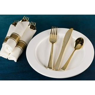Visions 17 x 17 Pre-Rolled Linen-Feel White Napkin and Silver Heavy  Weight Plastic Cutlery Set - 100/Case