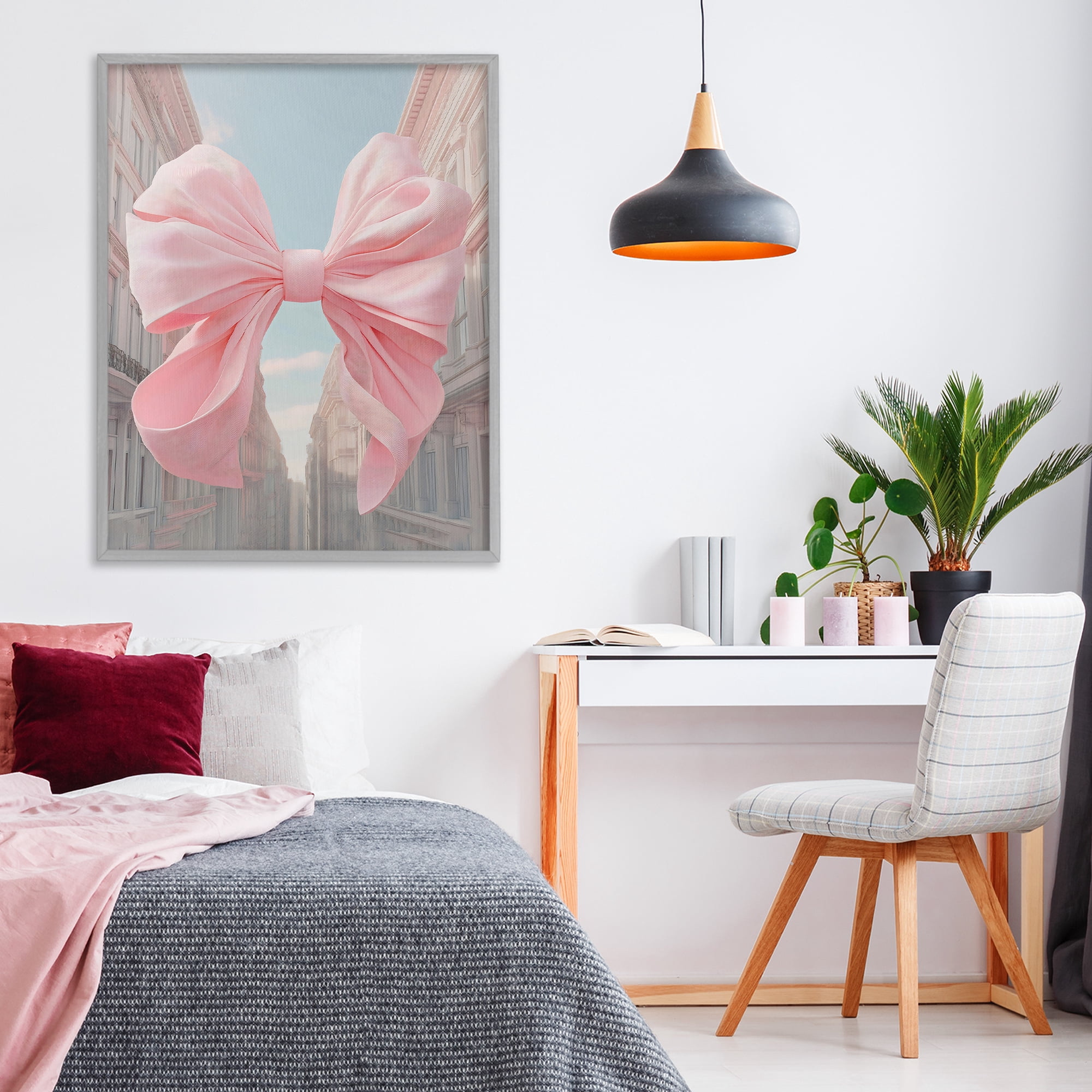 Stupell Industries Pink Bow over City Street Gray Framed Giclee Art, design by The Prints Vibe