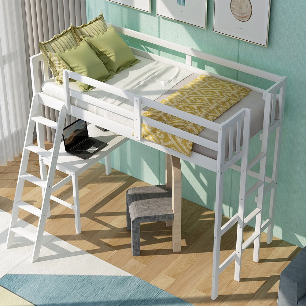 Kadyn Wood Loft Bed with Desk and Two Ladders, Twin Size Bunk Bed(White) Kadyn Wood Loft Bed with Desk and Two Ladders, Twin Size Bunk Bed(White)
