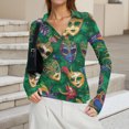 thumbnail image 6 of Womens Mardi Gras Shirts Sparkly Carnival Long Sleeve Tunic Tops Mask Print V Neck Green Graphic Tee Green 2XL, 6 of 7