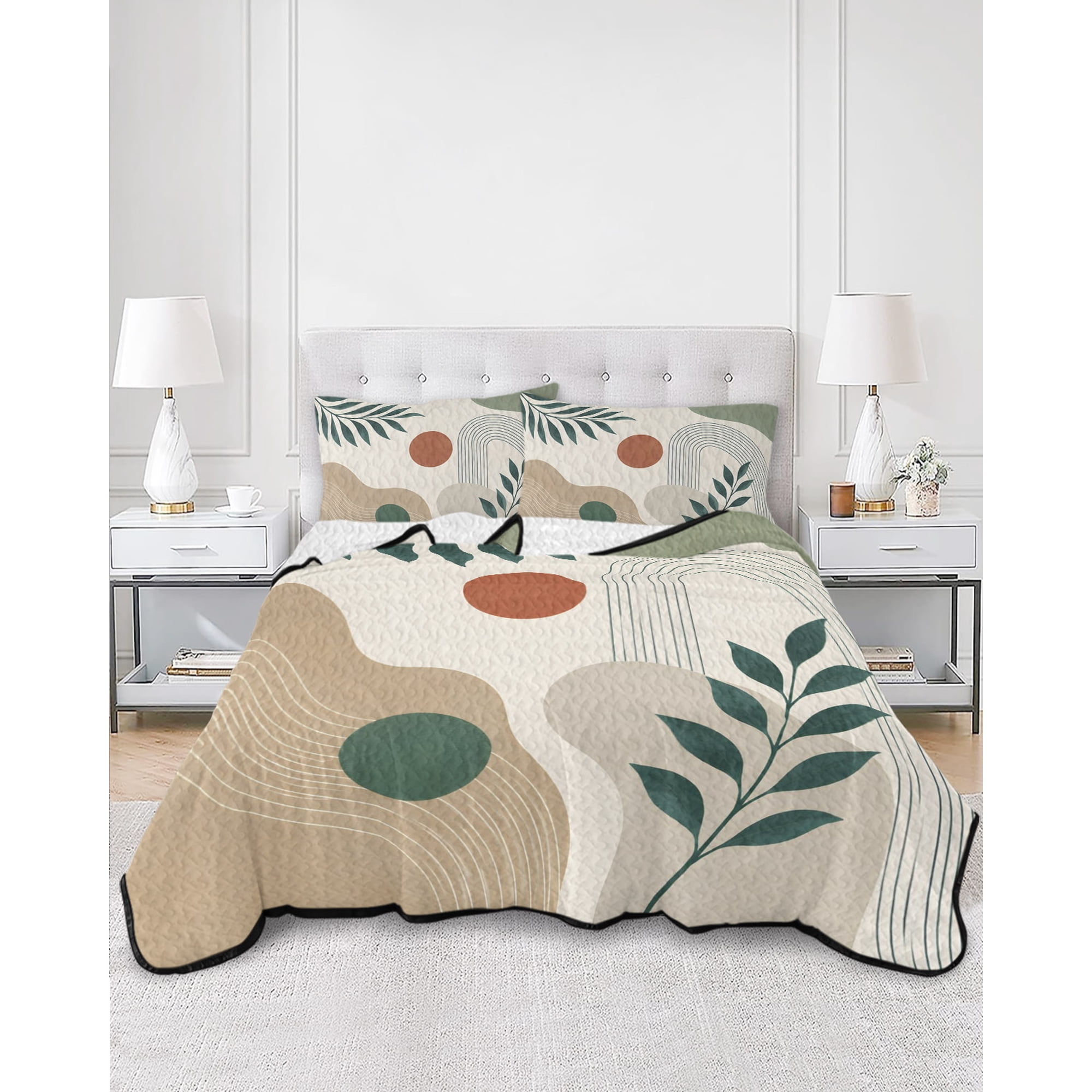 Quilts Queen Size Boho Soft Comforter Bedding Set for Bed Middle Century Botanical Geometric Modern Lightweight Quilted Bedspread with Pillow Cover(2 Pieces) for All Season 90x96 Inch