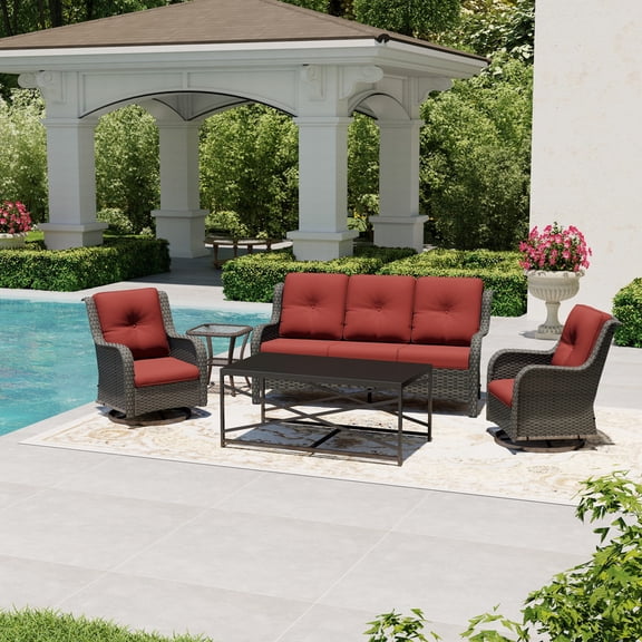 Joyside 5 Piece Wicker Patio Set with 3-Seat Sofa, 2 Swivel Rocker Chairs, Side Table & Coffee Table, Outdoor Furniture Sectional Conversation for Deck Porch, Red
