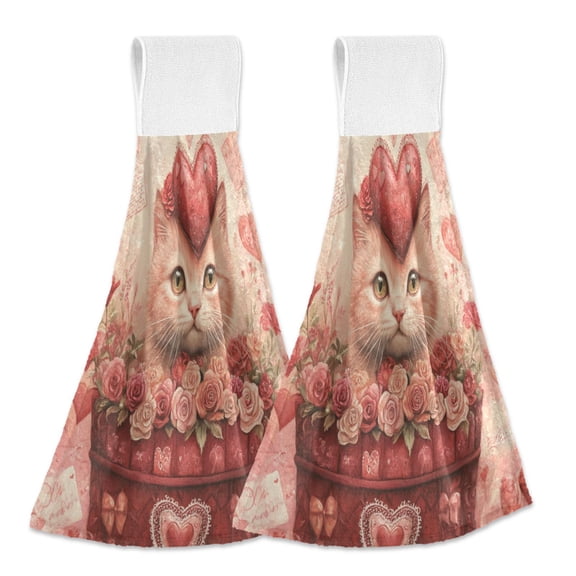 Wobogo Red Basket Cat Hand Towel Set of 2 Absorbent for Kitchen and Bathroom With Velcro Hanging Loop 18.2×14in
