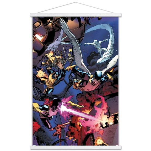 Marvel Comics - The X-Men - Classic Group Fighting Wall Poster with Wooden Magnetic Frame, 22.375" x 34"