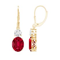 Lab Grown Ruby Drop Earrings with Moissanite for Women, Lever Back Earrings - AAAA Grade, 18K Yellow Gold