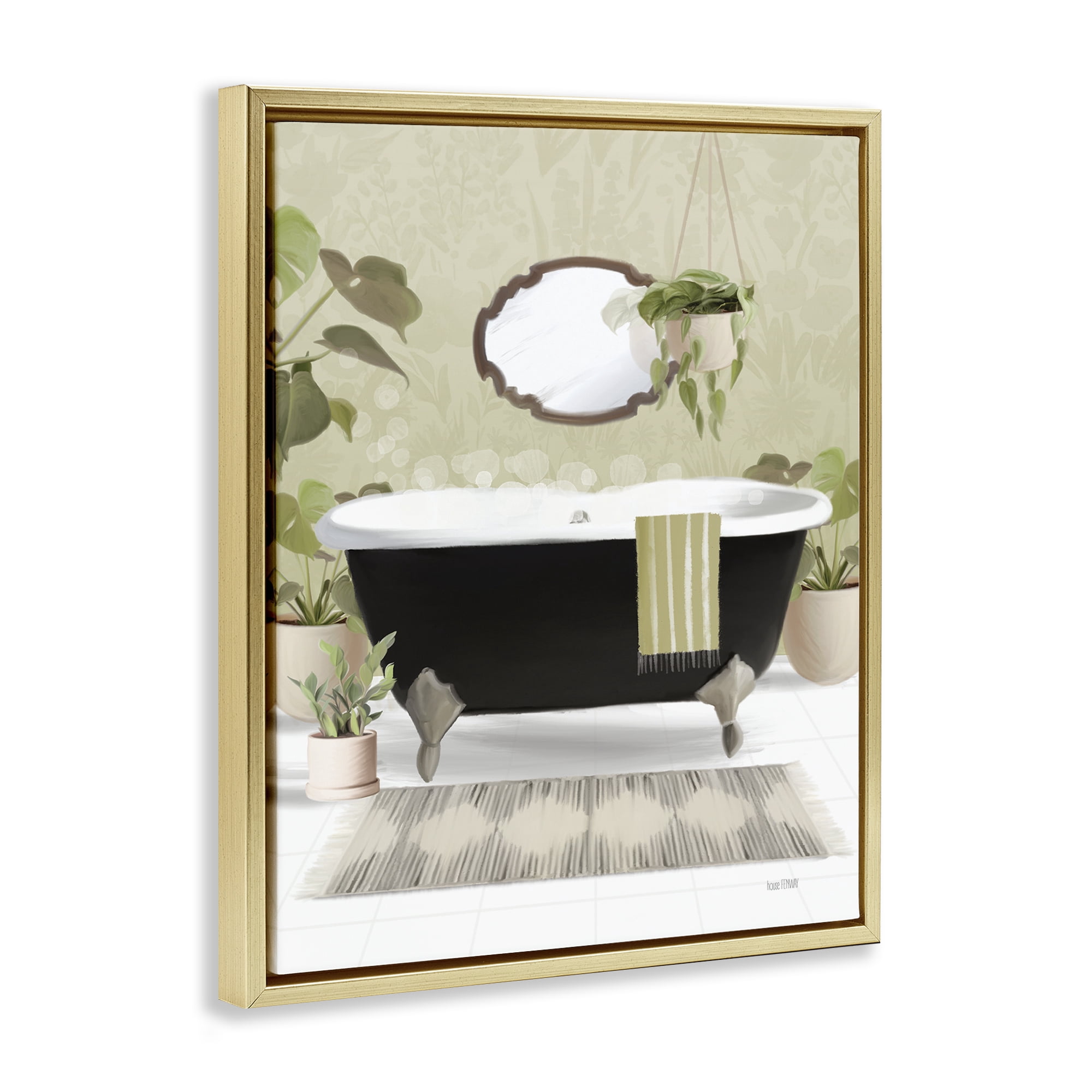 Stupell Industries Relaxing Bathroom Tub Bath & Laundry Painting Gold Floater Framed Canvas Art Print Wall Art, 25 x 31