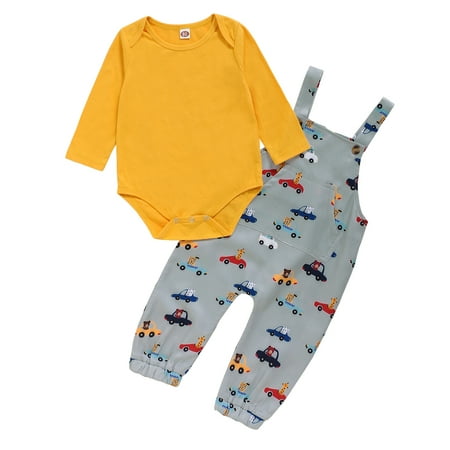 

KIMI BEAR Newborn Baby Boys Outfits 6 Months Newborn Boy Autumn Outfits 9 Months Newborn Boy Cute Solid Color Long Sleeve Romper + Car Print Pocket Suspender Pants 2PCs Set Yellow
