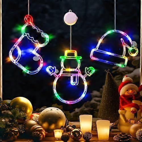 LOLStar Christmas Window Lights, 3 Pack Multicoloured Stocking, Snowman, Santa Hat with Suction Cup, Timer Function and Slow Fade Mode Battery Operate