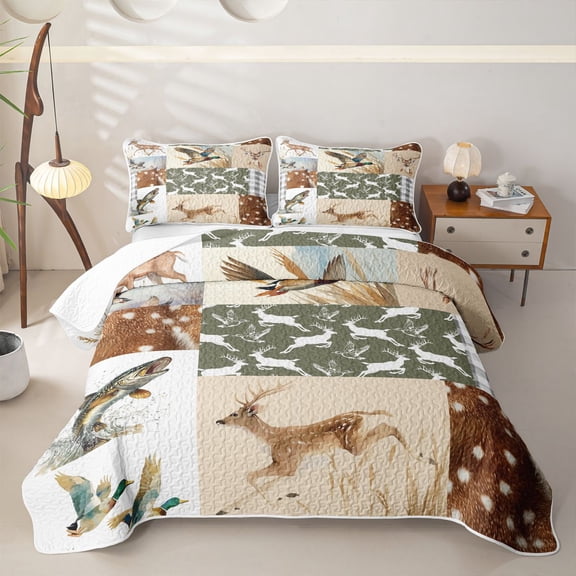 meiyoeat Woodland Hunting Wildlife Twin Quilt Set for Men Boys, Rustic Camo Animal Patchwork Twin Coverlet Set, Green Brown, 2 Pieces