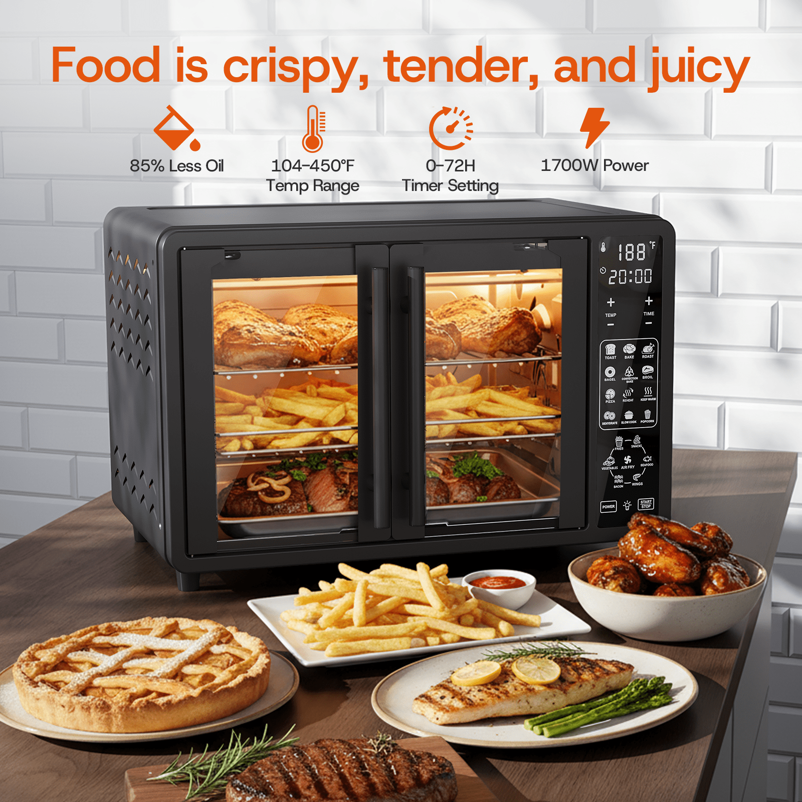 25 QT French Door Air Fryer Toaster Oven Combo, Bake, Broil, Roast, 19 Cooking Functions and Digital Controls, NTC Precise Temp Control, 1700W Heating
