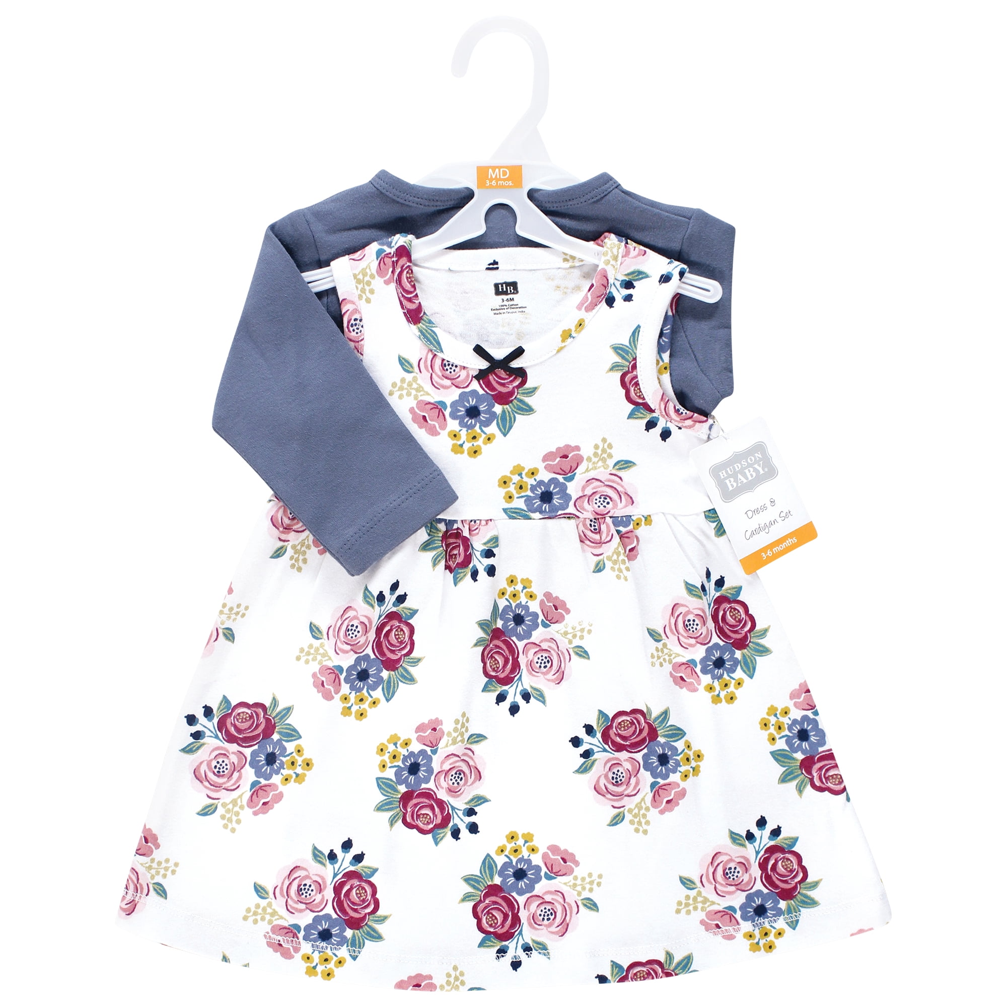 Hudson Baby Infant and Toddler Girls Cotton Dress and Cardigan Set, Blush Navy Floral, 3T