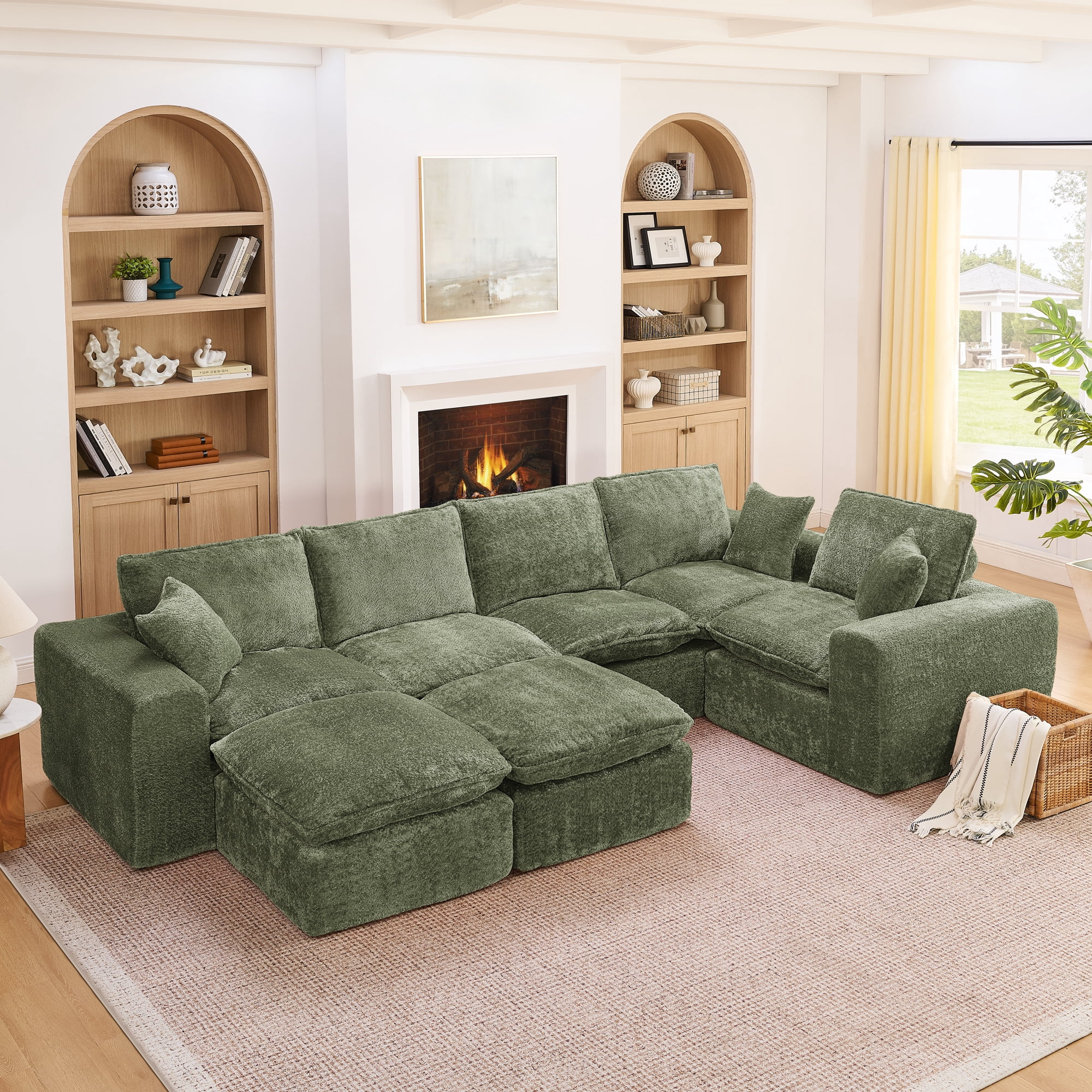107" L Shaped Sectional Sofa 7 Seat Cloud Couch Boucle Fabric Modular Sofa with Ottoman Deep Seat Comfy Couch for Living Room, Green