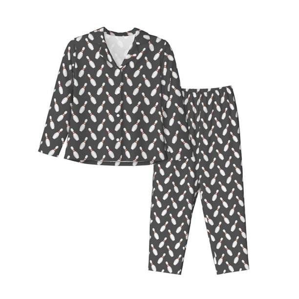 Balery Bowling Pins Conjunto de Pijama con Estampado para Mujer, Conjunto de Dos Piezas con Manga Larga, Ropa de Dormir Suave con Bolsillos, Pijamas Cómodos-X-Large