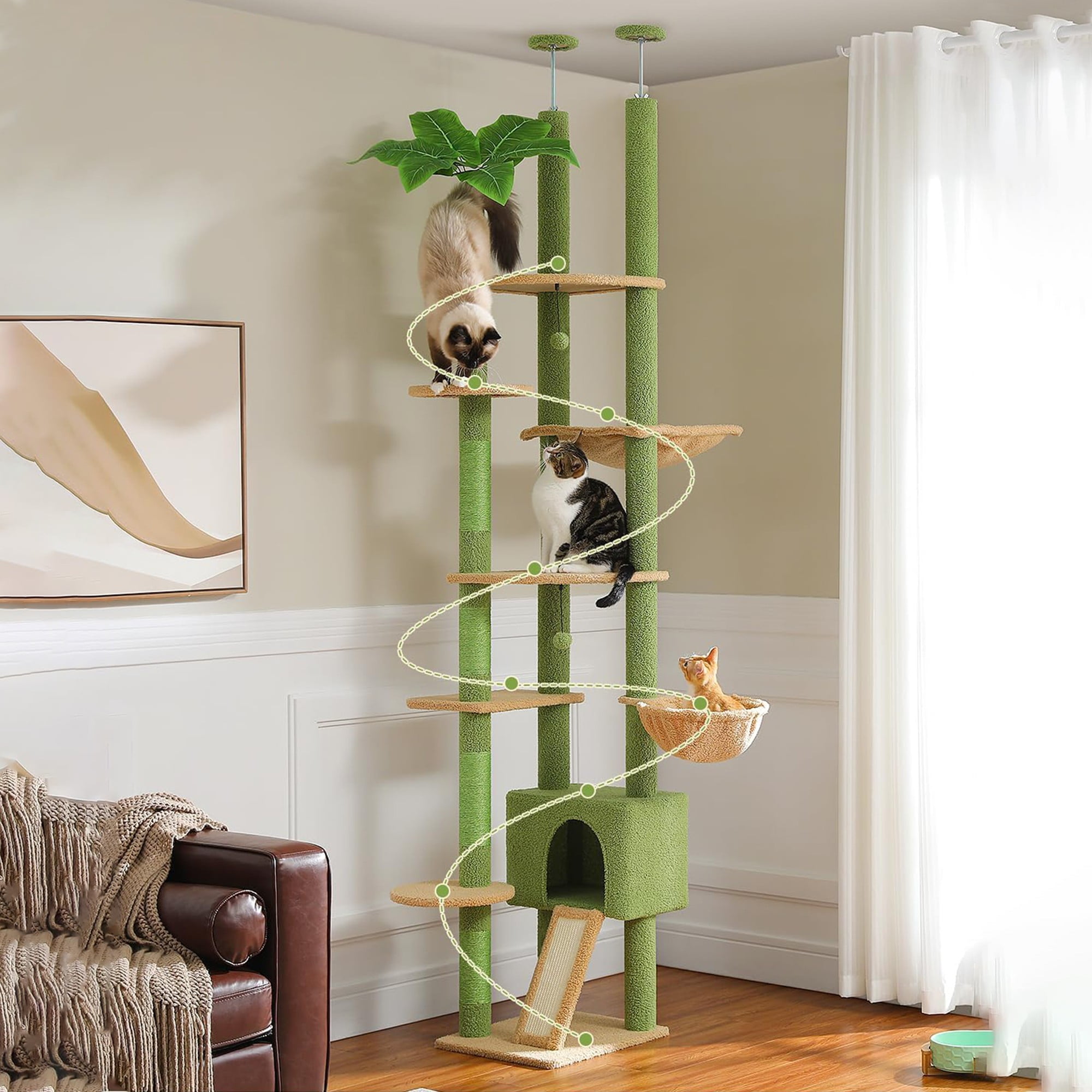 Kadyn Floor to Ceiling Cat Tree Tower Ajustable Height (90.5''~100.4'') 6 Tiers Cactus Cat Tree House with Cat Condo Hammock and Sisal Covered Post for Indoor Cats, Green