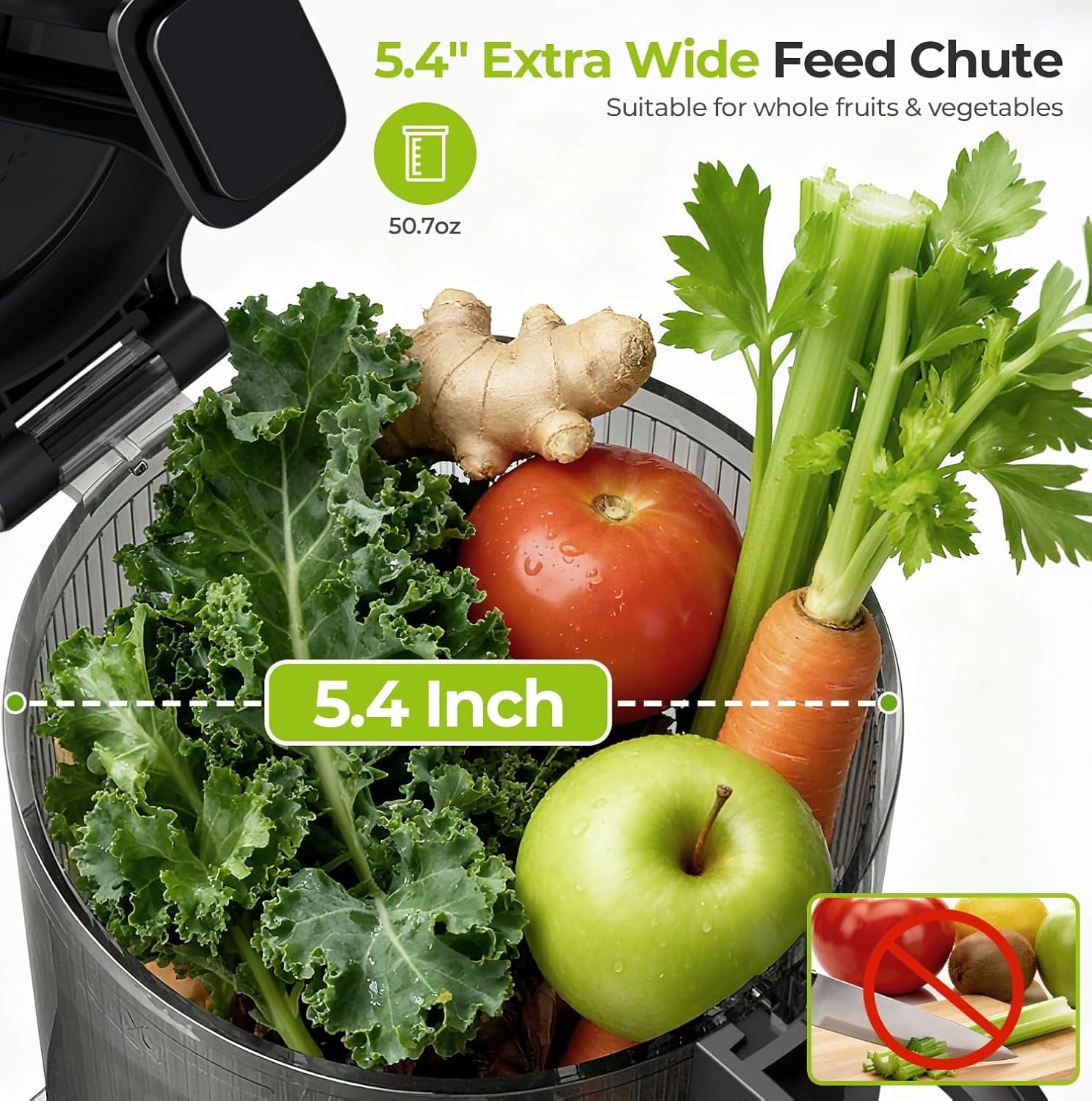 WAA 300W Cold Press Juicer 5.4" Extra Wide Feed Chute,98% High Yield,Compact Easy Clean for Whole Vegetables & Fruits