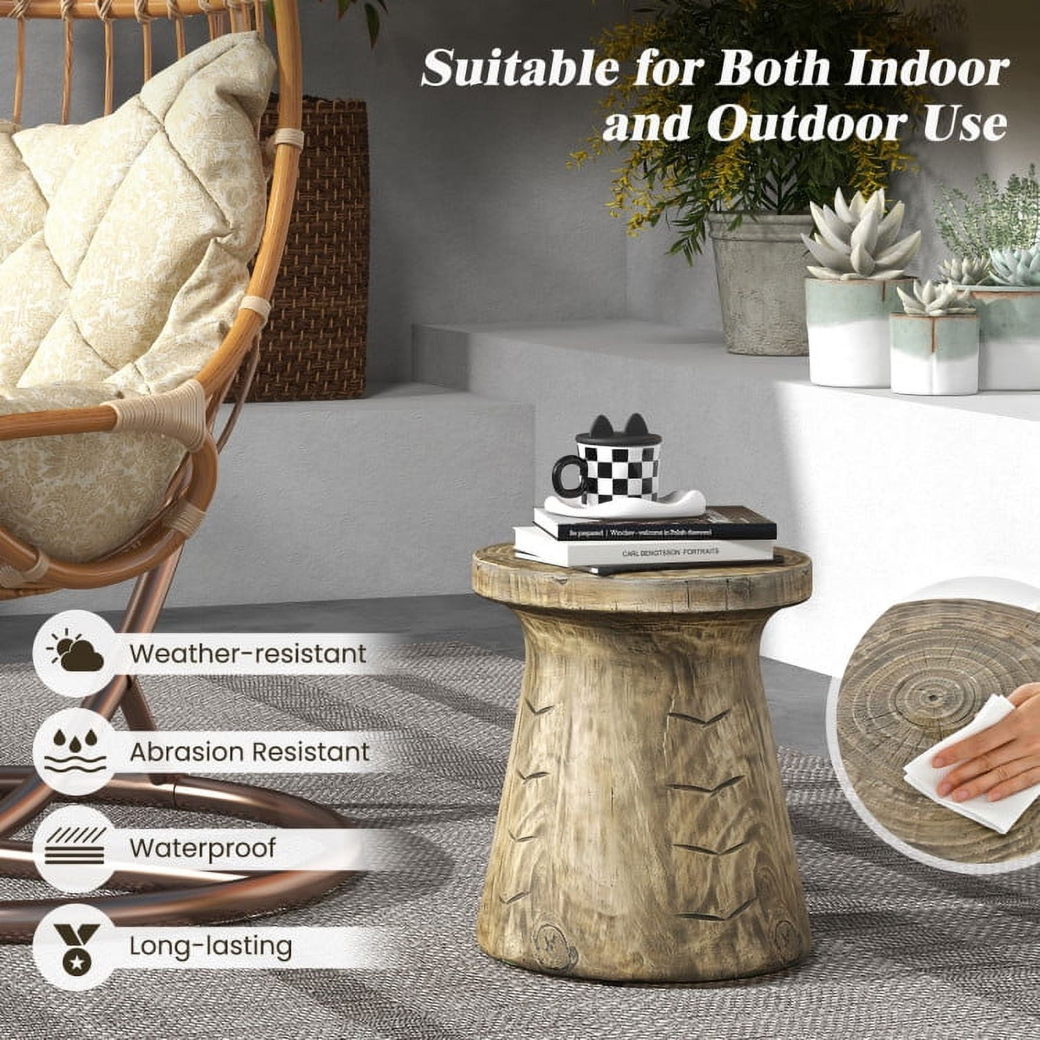 Aimee Lii Indoor Outdoor Weather Resident Rock End Table with Wood Grain Aimee Lii Indoor Outdoor Weather Resident Rock End Table with Wood Grain
