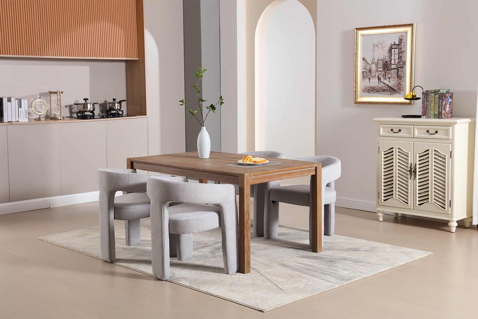 Guyou Modern Chenille Upholstered Dining Chair, Cute Barrel Side Armchair Kitchen Chair with Armrests and Back for Living Room Dining Room Bedroom, Grey