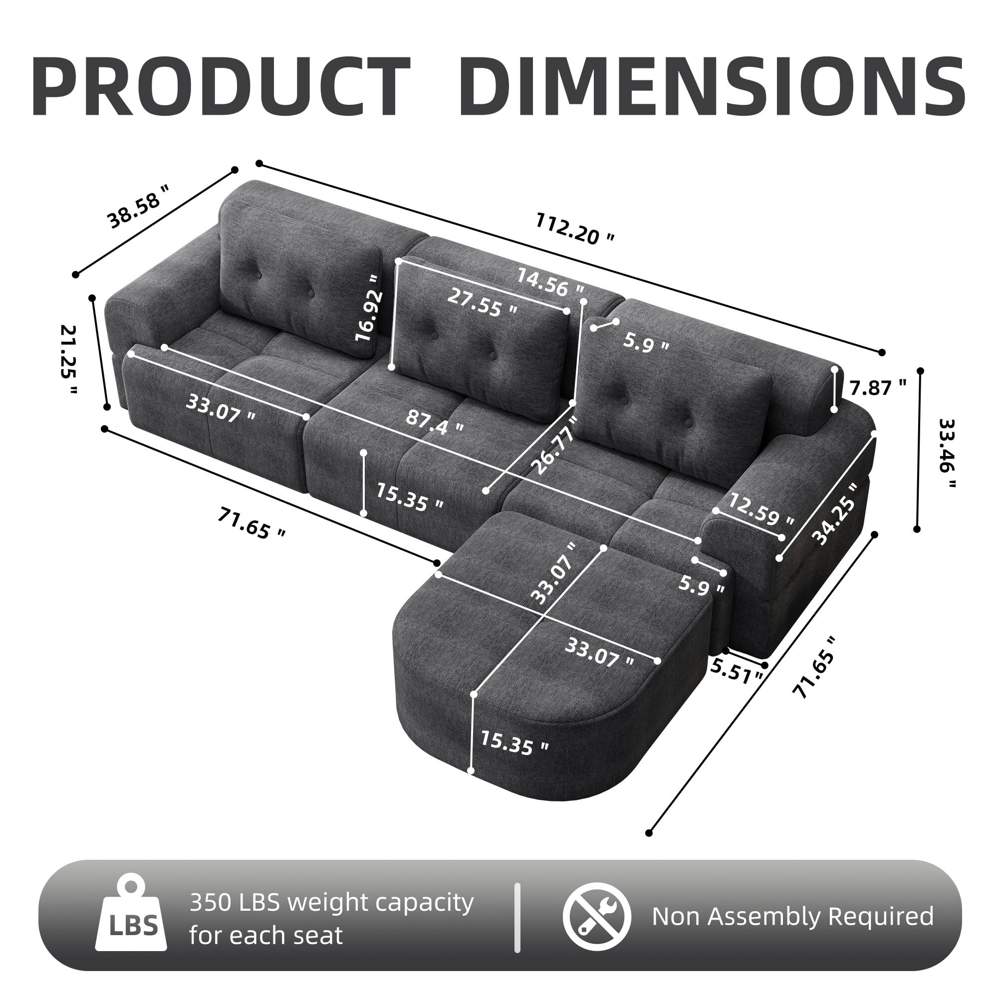 DEALTOPS 112" Modular Sectional Sofa with Ottoman, Full-Foam 3-Seat Convertible Chenille Cloud Couch, Gray