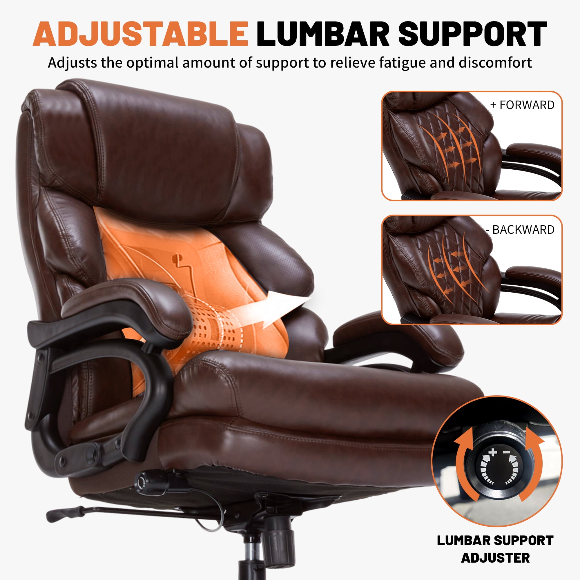 Qusaphy 800LBS Big and Tall Executive Office Chair, PU Leather Ergonomic Desk Chair with Adjustable Backrest and Thick Padded Cushion, Heavy Duty Chair for Home or Office Brown